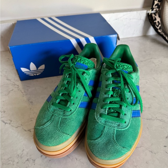 adidas Shoes - adidas Green Suede Sneakers with Blue Stripes and Gum Sole